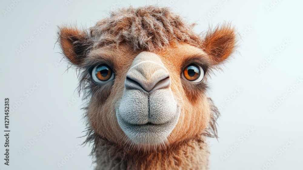 Fototapeta premium A realistic camel with soft fur and expressive eyes, isolated on a white background with natural lighting
