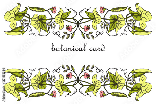 Botanical Card Design with floral elements. Hand drawn green peas plant with leaves and pods isolated on white background. Trendy artistic vector illustration for Birthday Wedding Invitation Greeting