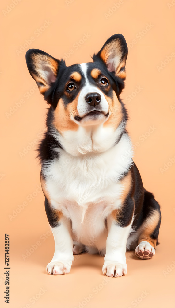 Welsh Corgi Pembroke breed dog of black, tan and white color on empty tan background, professional photography. White tone Welsh Corgi Pembroke breed dog of black, tan and white color on empty tan background, professional photography. White tone