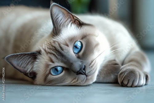 Cat with striking blue eyes relaxing indoors on a soft surface