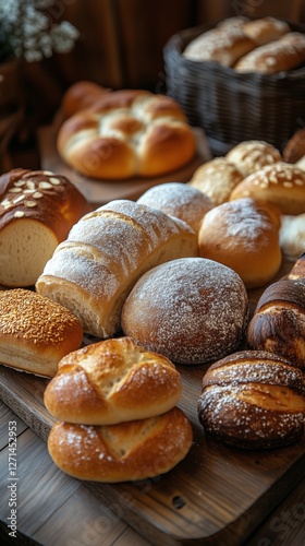 Freshly baked assortment of breads and pastries on a wooden table with berrie...