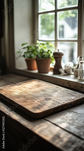 Wooden cutting board illuminated by sunlight near window in cozy kitchen setting
