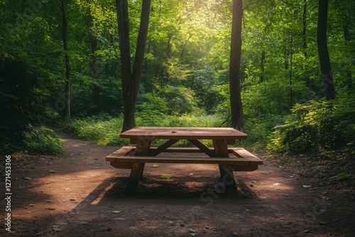Picnic table in a serene forest clearing during golden hour light