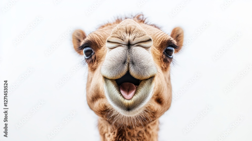 Obraz premium A highly detailed portrait of a camel's face, showing the textures of its fur and eyes, isolated on a white background
