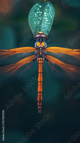 Colorful dragonfly perched on a leaf in a lush habitat during daylight
