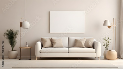 Blank white modern canvas art mockup against a light beige wall with minimalist furniture and a grey sofa 