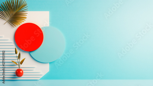 Blue wall with a red circle and a blue circle on it. Minimalistic background.