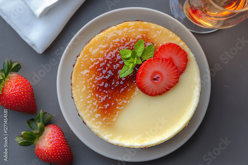  strawberry crame bralae with dessert wine photo