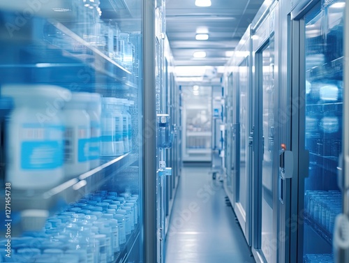 Pharmaceutical storage units line a sterile, modern medical research facility