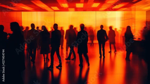 A creative and abstract image of people in silhouettes, bathed in vivid orange light at a business event. The bold lighting and abstract composition evoke a dynamic and modern atmosphere of innovatio photo