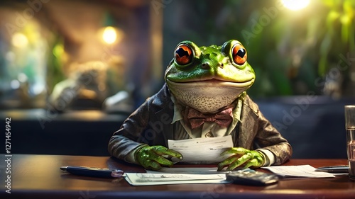 frog paying bill, Cinematic Theme, HDR, Highly Vibrant 