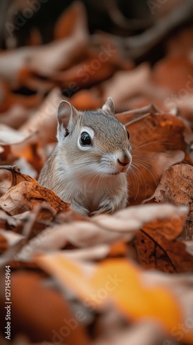 Squirrel resting among autumn leaves in a forested area during fall season