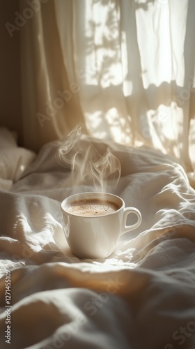 Warm cup of coffee on cozy bed with soft blankets and sunlight filtering thro...