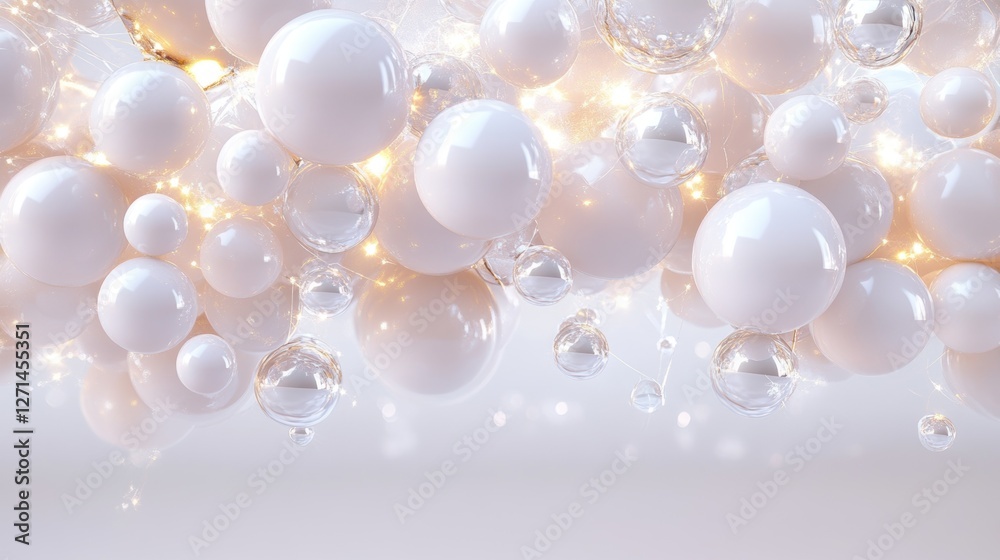 Abstract white spheres and glassy globes with golden light reflections in modern design Abstract white spheres and glassy globes with golden light reflections in modern design