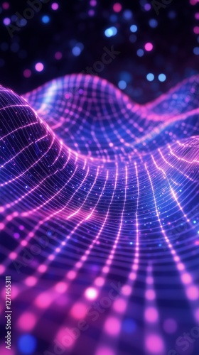 Colorful wave pattern with grid lines illuminated in purple and blue tones