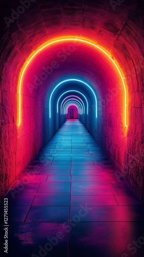 Colorful neon tunnel illuminated in vibrant hues creates a striking visual ex...