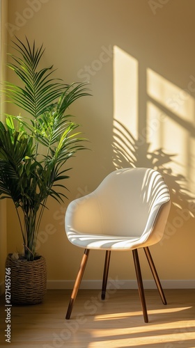 Cozy chair in sunlit room with green indoor plant creating serene atmosphere