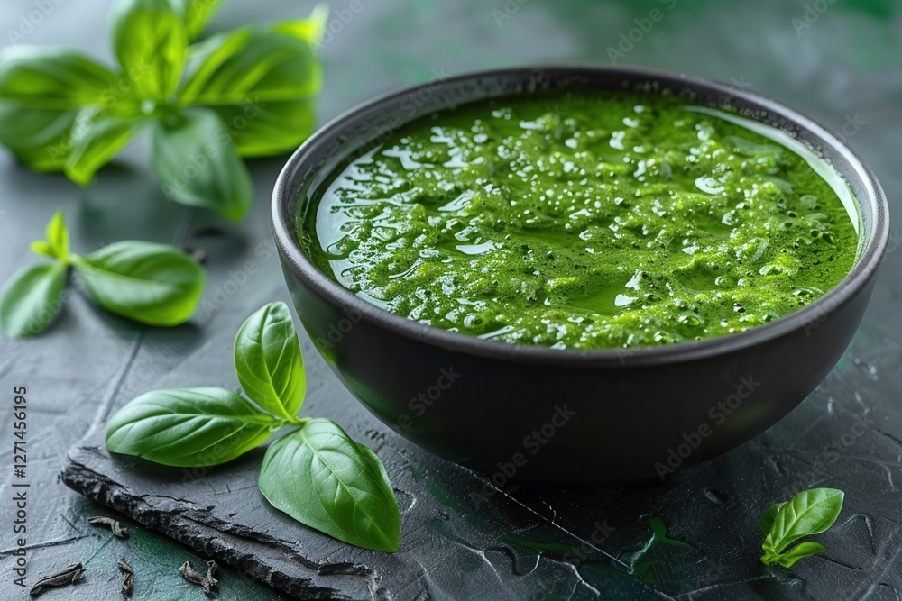 A vibrant green pesto sauce in a black bowl, surrounded by fresh basil leaves on a textured surface. A vibrant green pesto sauce in a black bowl, surrounded by fresh basil leaves on a textured surface.