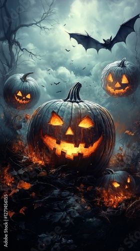 Spooky Halloween pumpkin patch illuminated by glowing jack-o-lanterns in a da...