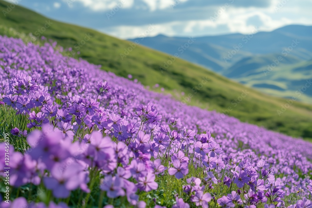 Fototapeta premium Vibrant purple flowers blanket rolling hills under a clear blue sky near a mountain range