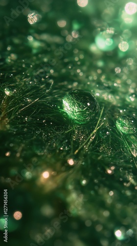 Intricate green droplets radiate from a central sphere in a mesmerizing abstr...