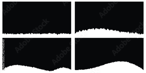 Set of Black Torn or ripped paper sheet. Vector Collage Shape of Torn Paper. Scrapbook edge, notebook tear or blank page split on white background.