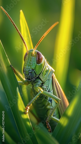 Close-up view of a vibrant green grasshopper perched on a leaf in soft daylight