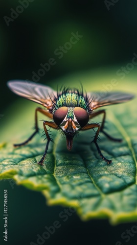 Detailed close-up of a vibrant fly resting on a leafy surface in a lush green...