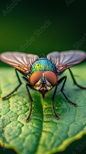 Detailed close-up of a vibrant fly resting on a leafy surface in a lush green...