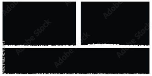 Set of Black Torn or ripped paper sheet. Vector Collage Shape of Torn Paper. Scrapbook edge, notebook tear or blank page split on white background.