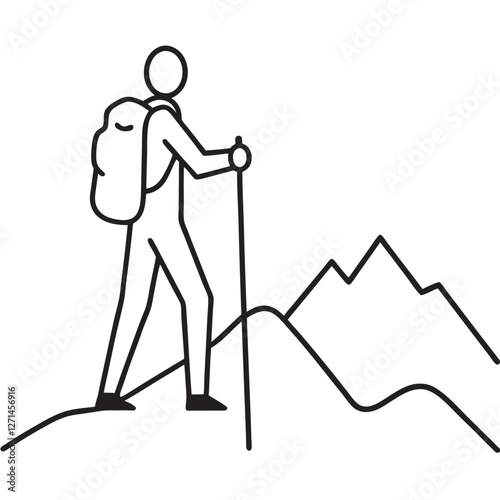 A lone trekker standing on a mountain summit with a backpack and trekking poles, overlooking a vast landscape line art vector