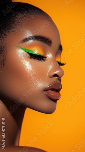 A model displays striking makeup with green eyeliner and shimmering skin, set against a bright yellow background