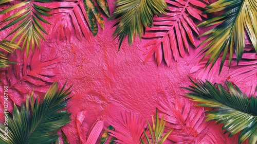 Tropical leaves and Jungle background vector. colorful summer pattern design with topical foliage, arts brush and pink color. Modern wallpaper design for prints, poster, cover, cards and. homewares.