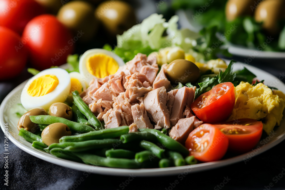 An exquisite French NICOISE SALAD, with tuna chunks, green beans, boiled eggs, tomatoes, olives, anchovies, and lettuce. All ingredients are neatly arranged on a plate An exquisite French NICOISE SALAD, with tuna chunks, green beans, boiled eggs, tomatoes, olives, anchovies, and lettuce. All ingredients are neatly arranged on a plate