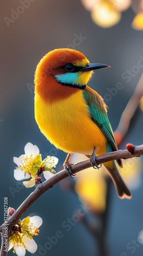Colorful bird perched on branch amid blooming flowers during spring season