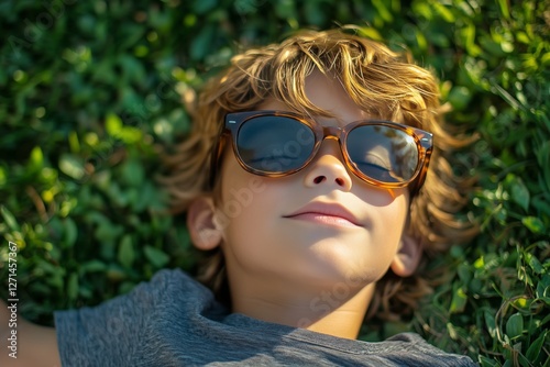 Young boy relaxes on green grass while wearing stylish sunglasses in sunny we...