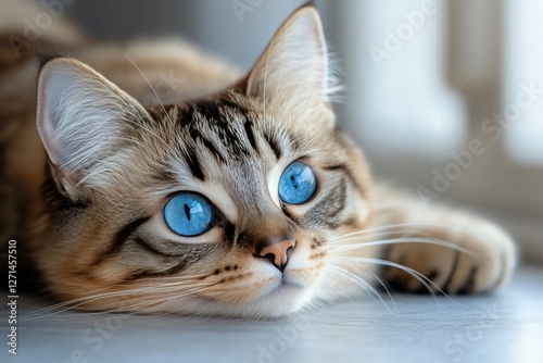Cat with striking blue eyes relaxing indoors on a soft surface