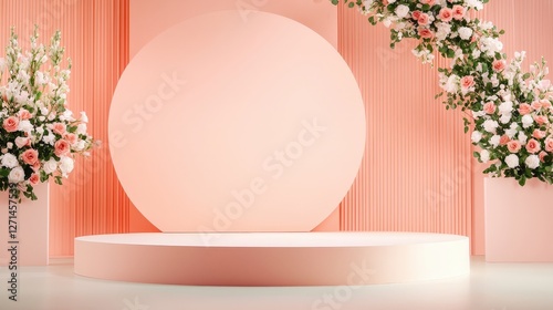 A soft pink stage adorned with floral arrangements, perfect for events, photo shoots, or presentations.