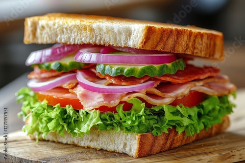 Satisfying sandwich stacked with fresh ingredients including lettuce and toma...