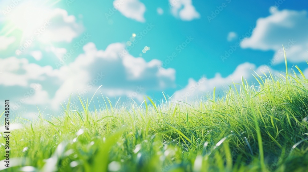 Fototapeta premium Beautiful sunny spring meadow with green grass and blue sky. Abstract background with light bokeh and space for text.