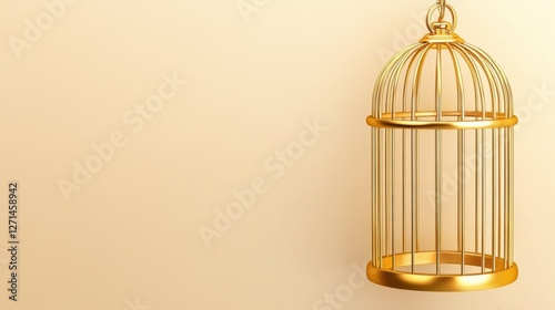 Elegant golden birdcage on minimalist beige background