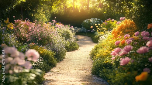 A path through a garden with flowers and bushes