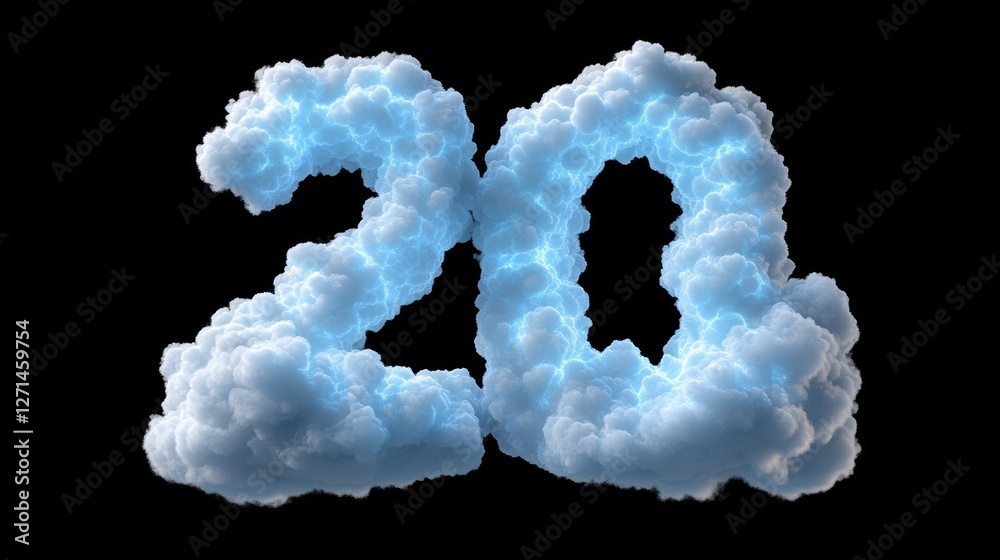 Fototapeta premium Cloudy electric number 20 with thunderous glow on black background