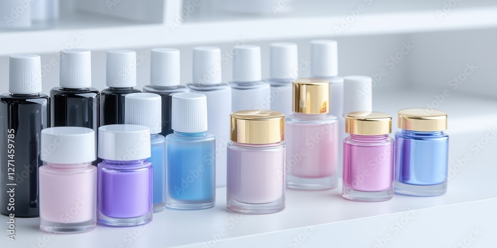Colorful cosmetic bottles on white shelves with various lids showcasing pastel and metallic tones Colorful cosmetic bottles on white shelves with various lids showcasing pastel and metallic tones