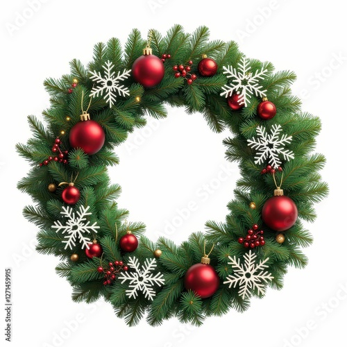 Festive Holiday Wreath of Green Pine Branches Decorated with Red Ornaments and White Snowflakes photo