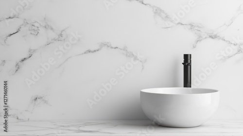 Modern minimalist bathroom: white marble sink and black faucet design on elegant surface