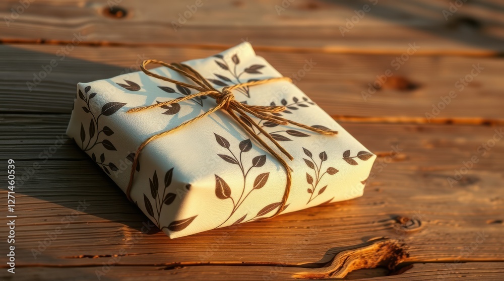 Gift wrapped with floral paper and twine on wooden table, awaiting special occasion and surprise inside Gift wrapped with floral paper and twine on wooden table, awaiting special occasion and surprise inside