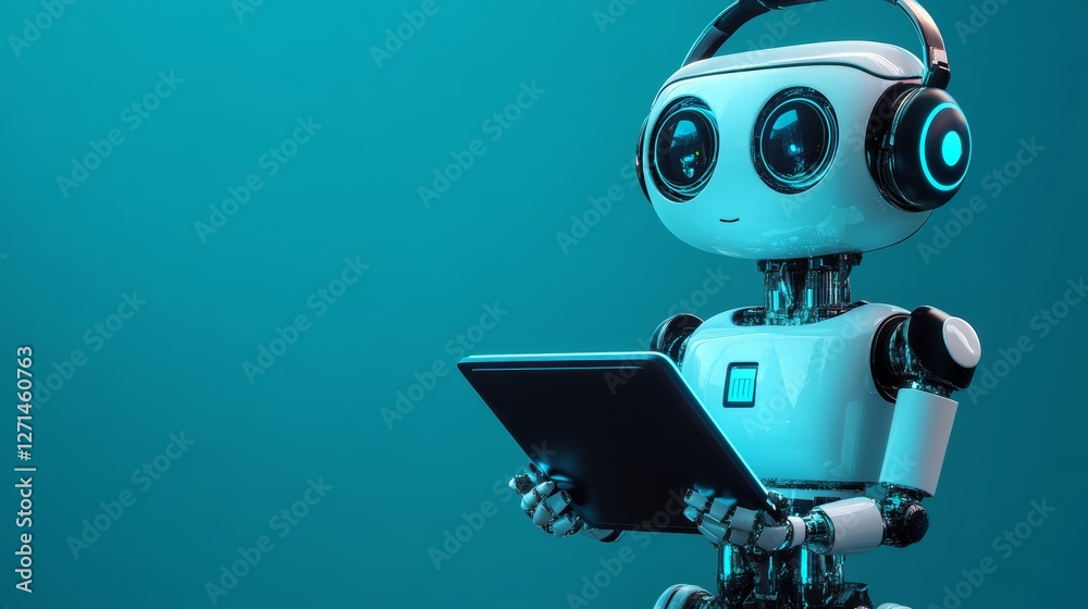 Futuristic AI Assistant Robot Holding a Digital Tablet Futuristic AI Assistant Robot Holding a Digital Tablet