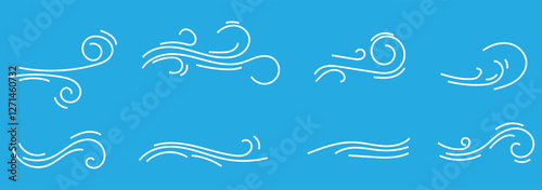 Doodle wind line sketch set. Hand drawn doodle wind motion, air blow, swirl elements. Sketch drawn air blow motion, smoke flow art, abstract line. Isolated on white background . vector illustration888