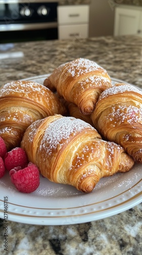 Freshly baked croissants served with raspberries on a white plate in a modern...